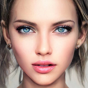 May include: A close-up portrait of a person with light brown hair, blue eyes, and pink lips. The person is wearing small earrings.