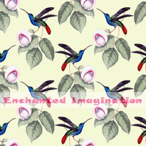 May include: A seamless pattern featuring blue and green hummingbirds with red beaks and tails, flying amongst white and pink flowers and green leaves on a light yellow background.