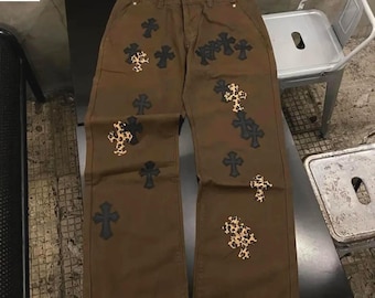 Jean patchwork graphique, pantalon ample en denim, jean streetwear large