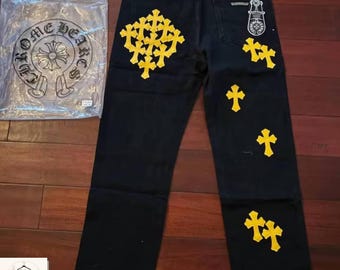 Cross Patch Denim Jeans, Gothic Streetwear Hose, Gesticktes Kreuz Jean