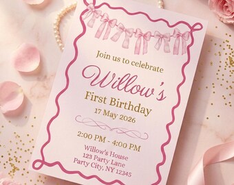 Pink Coquette First Birthday Invitation Template, Editable Bow Birthday Invite, Girl 1st Birthday Invite