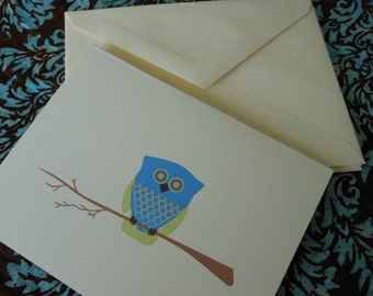 Blue Owl Note Cards - Custom Design - Set of 5 - Any Occasion
