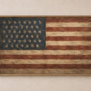 May include: A rectangular wall art piece featuring a distressed, weathered depiction of the American flag with muted red, off-white, and dark blue tones. The flag is enclosed in a thin, light-toned wooden frame, showcasing a textured finish.