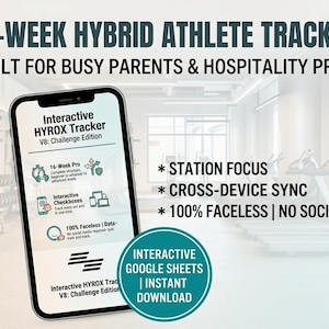 Könnte beinhalten: Ein Smartphone zeigt eine Fitness-Tracker-App mit dem Text "16-Week Hybrid Athlete Tracker". Die App bietet interaktive Checkboxen und geräteübergreifende Synchronisierung. Entwickelt für vielbeschäftigte Eltern und Gastronomieprofis.