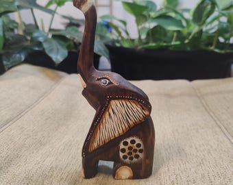 Hand Carved Painted Light Wt Wood Elephant Figurine Trunk Up Good Luck Boho 8"