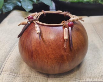 Southwestern Style Handcrafted Dried Gourd Vessel Leather Trim Bone Beads Pot
