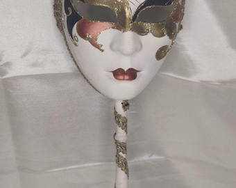 andheld Venetian Volto Masquerade Mask on Stick | Gold, White & Black Wand Mask