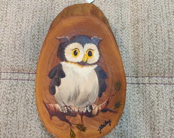 Hand Painted Owl On Natural Wood Slice  Signed Log Slice Wall Decor 5" *Read*