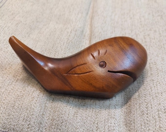 VTG Brian of Hawaii Hand Carved Milo Wood Humpback Whale Figurine Signed ~5.5"