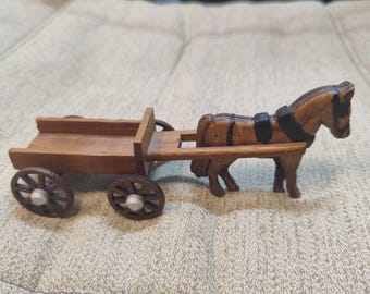 1999 M-M Made in USA Miniature Wooden Horse Drawn Cart Wagon Figurine ~6"