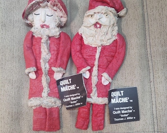 VTG Thomas J Miller Quilt Mache Santa & Mrs Claus Doll Set Folk Art Primitive