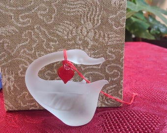 Vintage Frosted Glass Swan Figurine Ornament with Red Heart  With Box ~2"