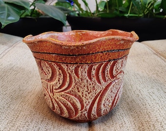 VTG MCM Terracotta Orange Textured Lava Glaze Planter Carved Swirl Vase 4"
