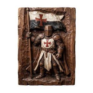 Puede incluir: Un relieve de madera tallada que representa a un caballero medieval con armadura completa sosteniendo una bandera con una cruz roja. El caballero está frente a una bandera con una cruz roja sobre un fondo blanco. El relieve está tallado en madera marrón oscura.
