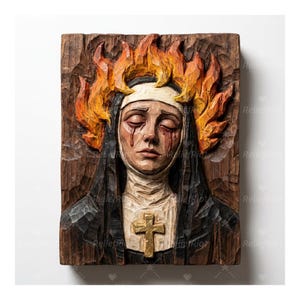 Puede incluir: Un relieve de madera tallada que representa a una monja con un halo de llamas. La monja lleva un hábito negro, una toca blanca y una cruz dorada. Las lágrimas corren por su rostro. El relieve está tallado en madera marrón con llamas naranjas y amarillas.
