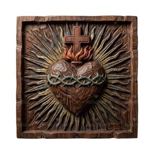 May include: A carved wooden relief depicting a heart encircled by a crown of thorns, with flames and a cross above. The heart is brown, the cross is red, and the background features sunburst rays.