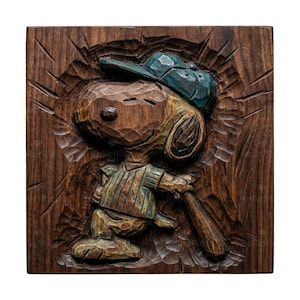 May include: A carved wooden relief of Snoopy in a baseball uniform, holding a bat. The artwork features a dark brown background with a carved texture. Snoopy is wearing a blue baseball cap and a green and brown striped shirt.