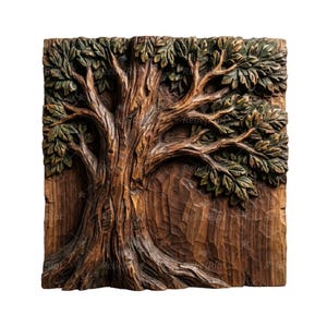 Könnte beinhalten: Detaillierte, handgeschnitzte Holzreliefskulptur eines Baumes. Der Baum hat einen strukturierten Stamm, Äste und grünblättriges Laub. Das Kunstwerk ist vor einem rechteckigen Holzgrund, der die natürliche Holzmaserung zeigt.