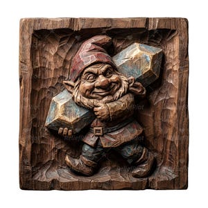 Peut inclure: Sculpture en relief en bois sculpté d'un gnome portant deux grosses pierres bleu-gris. Le gnome porte un chapeau rouge, une veste marron et un pantalon bleu. Le bois a un aspect naturel et texturé.