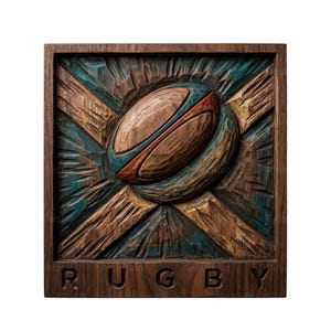 Könnte beinhalten: Eine quadratische Wandplatte aus Holz mit einem handgeschnitzten Relief eines Rugbyballs, der vor einem schraffierten Hintergrund zentriert ist. Das Holz zeigt natürliche Brauntöne mit Akzenten in Blaugrün und Rot. Das Wort RUGBY ist unten eingraviert.