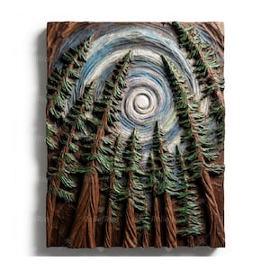 May include: A wooden relief carving of a forest scene, featuring tall green and brown trees beneath a swirling sky of blue and white. The rectangular artwork has a textured surface, showcasing detailed craftsmanship.