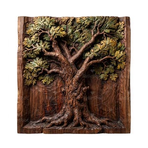 May include: A detailed, hand-carved wooden relief sculpture of a large tree with sprawling branches and textured bark. The leaves are painted with green and yellow hues, set against a dark brown background. The sculpture is square and features the text "Relief Riot".