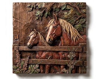 May include: A square, wooden relief carving depicting two horses behind a wooden fence. The horses are brown with blonde manes, and the carving includes foliage, flowers, and a butterfly. The artwork is a rustic, nature-themed piece.