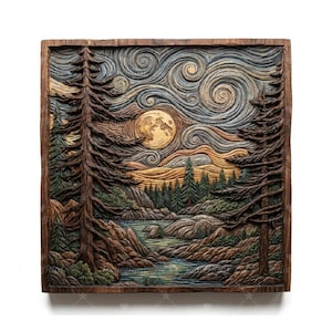 May include: A carved wooden wall art piece depicting a moonlit forest scene. The artwork features a full moon, swirling clouds, and detailed trees and landscape elements. The color palette includes browns, greens, blues, and yellows.