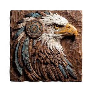 May include: A detailed wood carving of an eagle's head in profile. The eagle features white, brown, and blue feathers, a yellow beak, and a decorative circular element. The carving is set against a textured, brown wooden background.