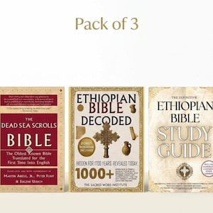 Puede incluir: Tres libros: "The Dead Sea Scrolls Bible", "Ethiopian Bible Decoded" y "The Definitive Ethiopian Bible Study Guide". Los libros tienen texto e ilustraciones en las portadas. El texto "Pack of 3" está en la parte superior.