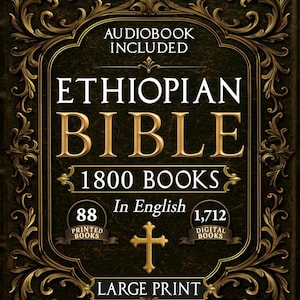 Può includere: Copertina decorativa per la Bibbia etiope. La copertina è verde scuro con filigrana dorata e il testo "Ethiopian Bible" e "1800 Books In English". Include "Audiobook Included" e "Large Print".