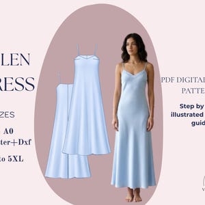 Puede incluir: Un vestido lencero azul claro con tirantes finos y cuello en V se muestra en esta imagen. El vestido se muestra en una modelo y como patrón. El texto en la imagen dice "HELEN DRESS" y "PDF DIGITAL SEWING PATTERNS". Tallas de XS a 5XL.