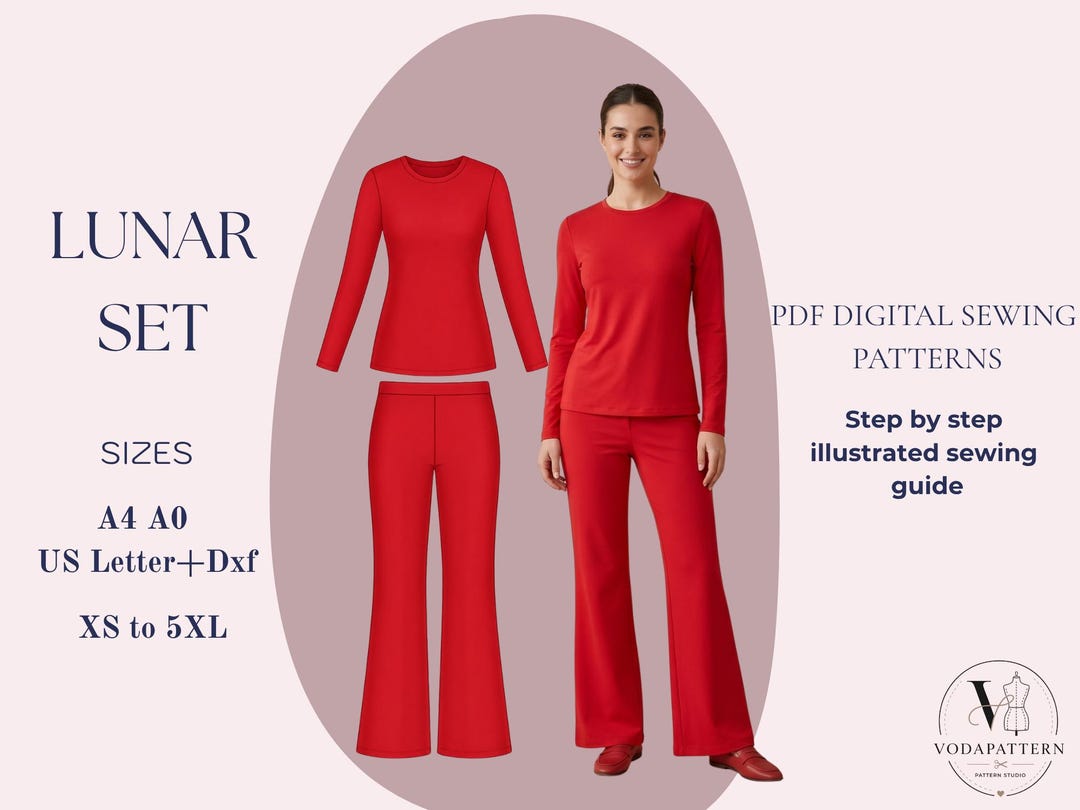Long Sleeve Top and Pants Sewing Pattern PDF, Lounge Set Pattern, Wide ...