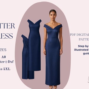 Può includere: Modello di cucito PDF Butter Dress, blu navy. L'immagine mostra una donna che indossa un abito lungo con scollatura a spalle scoperte. Il modello è disponibile nelle taglie XS-5XL e nei formati A4, A0 e US Letter.