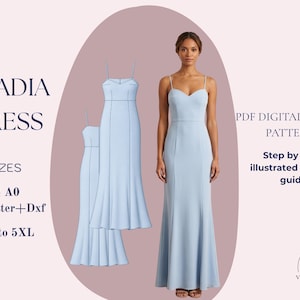 Puede incluir: Diseño de vestido Gladia azul claro con tirantes finos y bajo de sirena. La imagen incluye una foto de una mujer con el vestido, junto con dos dibujos lineales. El texto incluye "PDF Digital Sewing Patterns" y "Tallas XS a 5XL."