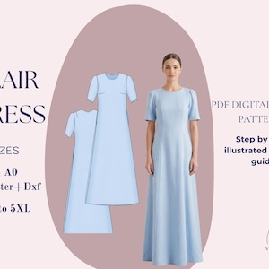 Peut inclure: Patron de robe Blair bleu clair à manches courtes, présenté sur un modèle et sous forme de dessin technique. L'image comprend le texte "PDF Digital Sewing Patterns" et "Step by step illustrated sewing guide". Tailles de XS à 5XL.