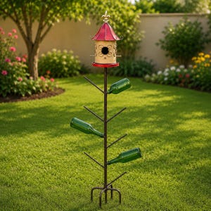 May include: A tall metal garden stake featuring a cream-colored birdhouse with a red roof and a gold finial at the top. The central pole has multiple angled branches designed to hold green glass bottles, with three bottles currently attached.
