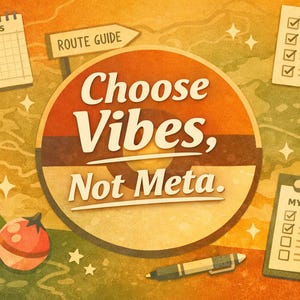 Op de afbeelding: Retro-stijl illustratie met de tekst "Choose Vibes, Not Meta" in een cirkelvormig ontwerp. Andere elementen zijn een notitieblok, routegids, checklist en een pen. Er zijn ook twee gestileerde fruitachtige objecten aanwezig.