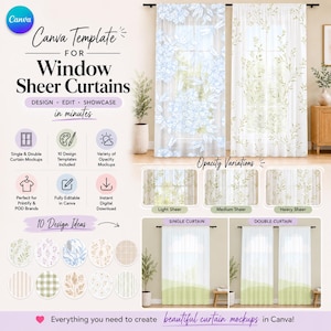 Könnte beinhalten: Eine digitale Canva-Vorlage für transparente Fenstervorhänge mit zehn Designideen, Opazitätsvariationen und Mockups für Einzel- und Doppelvorhang-Präsentationen. Das Layout enthält beschreibende Texte und Symbole für die Bearbeitung.
