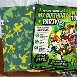 May include: A birthday party invitation featuring the text "My Birthday Party!" with the character Ben 10. The invitation is green with cartoon characters and event details. The back of the invitation has a green pattern.