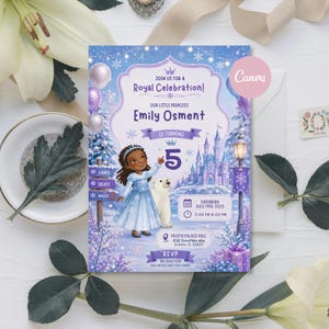 May include: A rectangular invitation card featuring a winter theme with a castle, a child in a blue dress, and a polar bear. Text includes 'Join us for a Royal Celebration!', 'Emily Osment', 'is turning 5', date, time, location, and RSVP details.