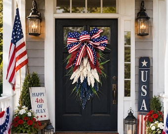 Patriotic Door Swag, Red White Blue Floral Independence Day Porch Decor, 4th of July