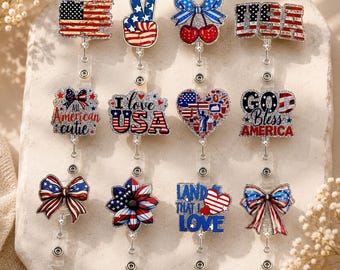 Porta-crachá retrátil com glitter para o 4 de julho | Suporte para crachá patriótico dos EUA