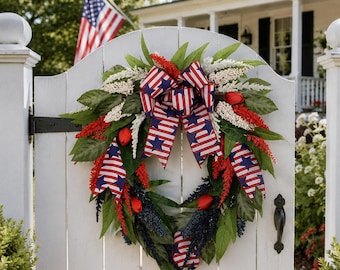 Ghirlanda patriottica rossa, bianca e blu, decorazione per porta con nastro della bandiera americana