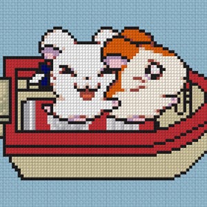 Può includere: Un'immagine pixelata di due criceti in una barca rossa su uno sfondo azzurro. Un criceto è bianco, l'altro arancione e bianco. I criceti sorridono. La barca ha una ruota beige.