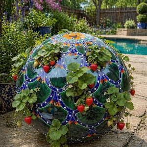 May include: A large, round, decorative planter with a vibrant, patterned design in shades of green, blue, and orange. The planter is filled with strawberry plants, displaying ripe red and unripe green strawberries.