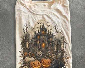 Vintage Halloween-shirt Haunted Village, vintage Pumpkin Moon, Spooky Cottagecore-T-shirt, grafische T-shirt herfst Witchy Ghost, herfstshirt