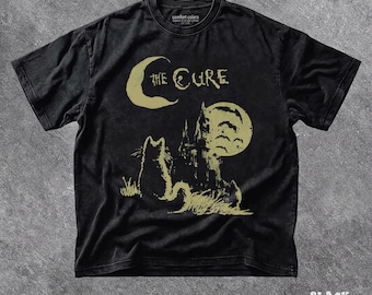 Vintage The Cure Cat-shirt, gotische zwarte kat-afbeelding, cadeau muziekfan, vintage jaren 90 alt indierock-T-shirt