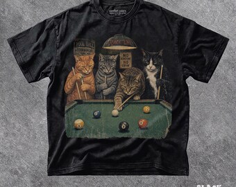Shirt vintage katten spelen biljart, shirt grappig avondje uit voor jongens - retro shirt met grappige kat