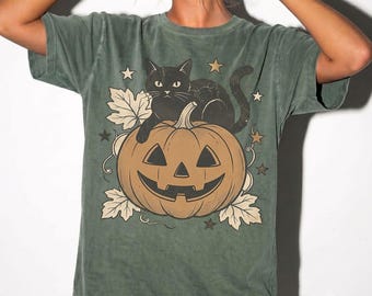 Vintage schwarze Katze Sweatshirt auf einem Kürbis-Shirt, Vintage 90er Jahre Katze Halloween Shirt, Katzenliebhaber Shirt, schwarze Katze Shirt